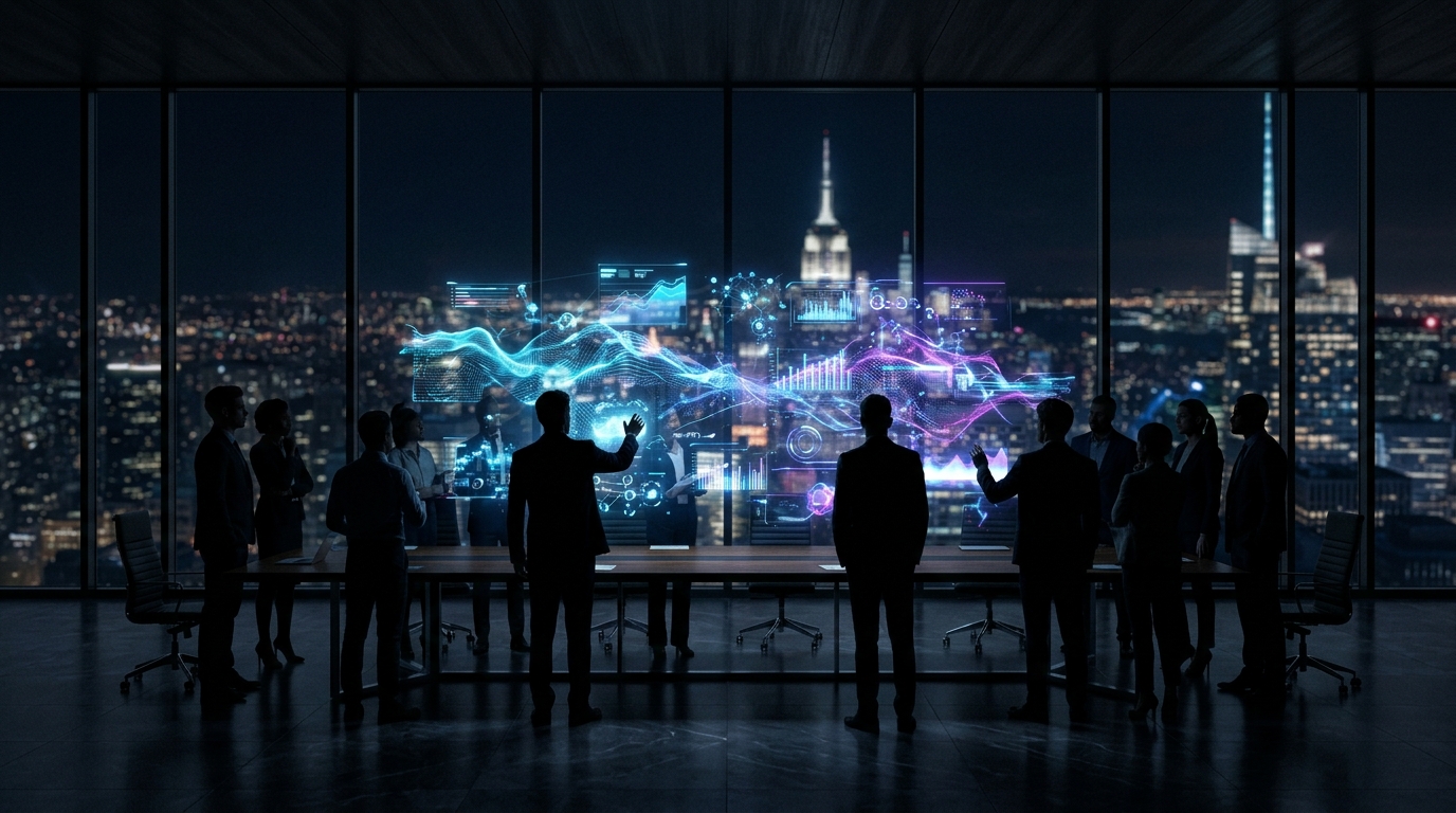 Founders and executives in a boardroom at night reviewing a large holographic analytics dashboard against a city skyline