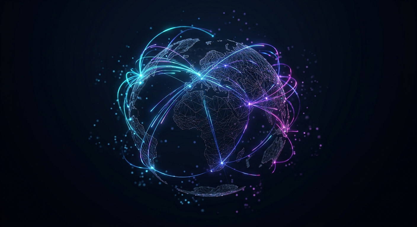 Wireframe globe with glowing connection arcs linking continents, symbolising TSM Nexus working with founders internationally