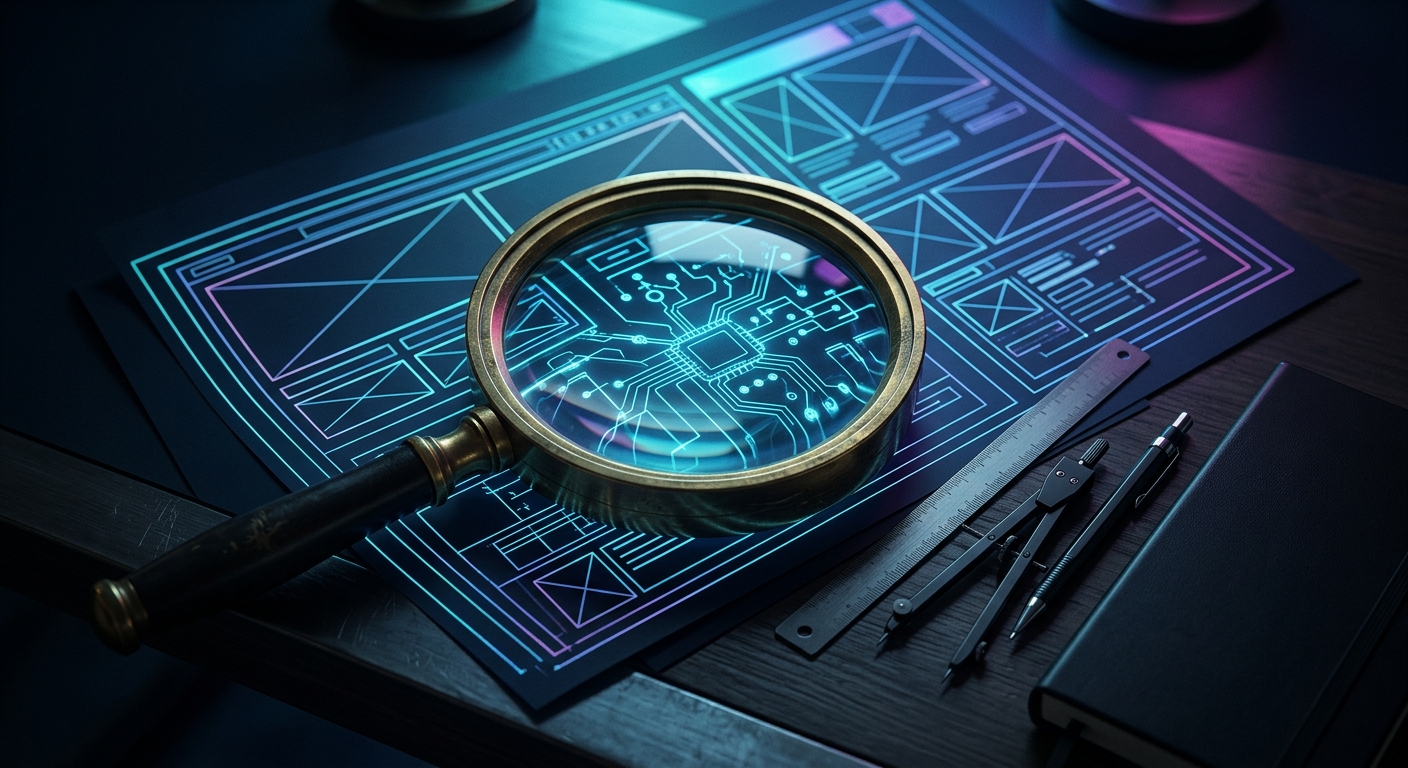 A website wireframe blueprint examined under a magnifying lens on a dark forensic desk