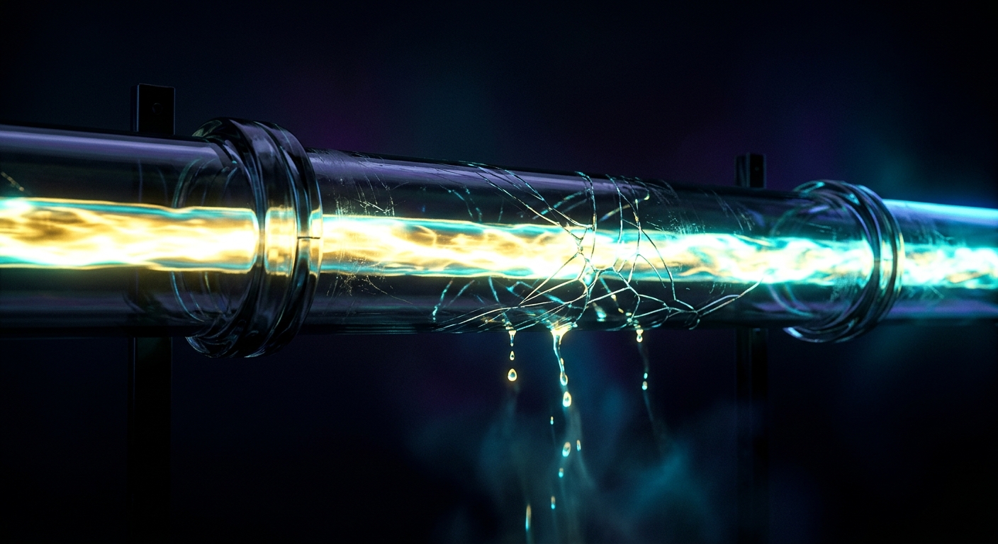 A translucent pipeline carrying a bright stream of energy, leaking glowing droplets through fine cracks