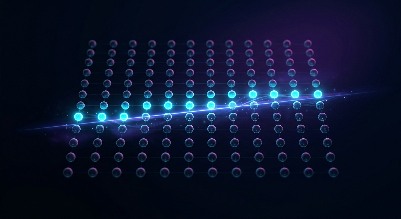 A floating grid matrix of 144 small glowing orbs with one row illuminated by a scanning plane of light