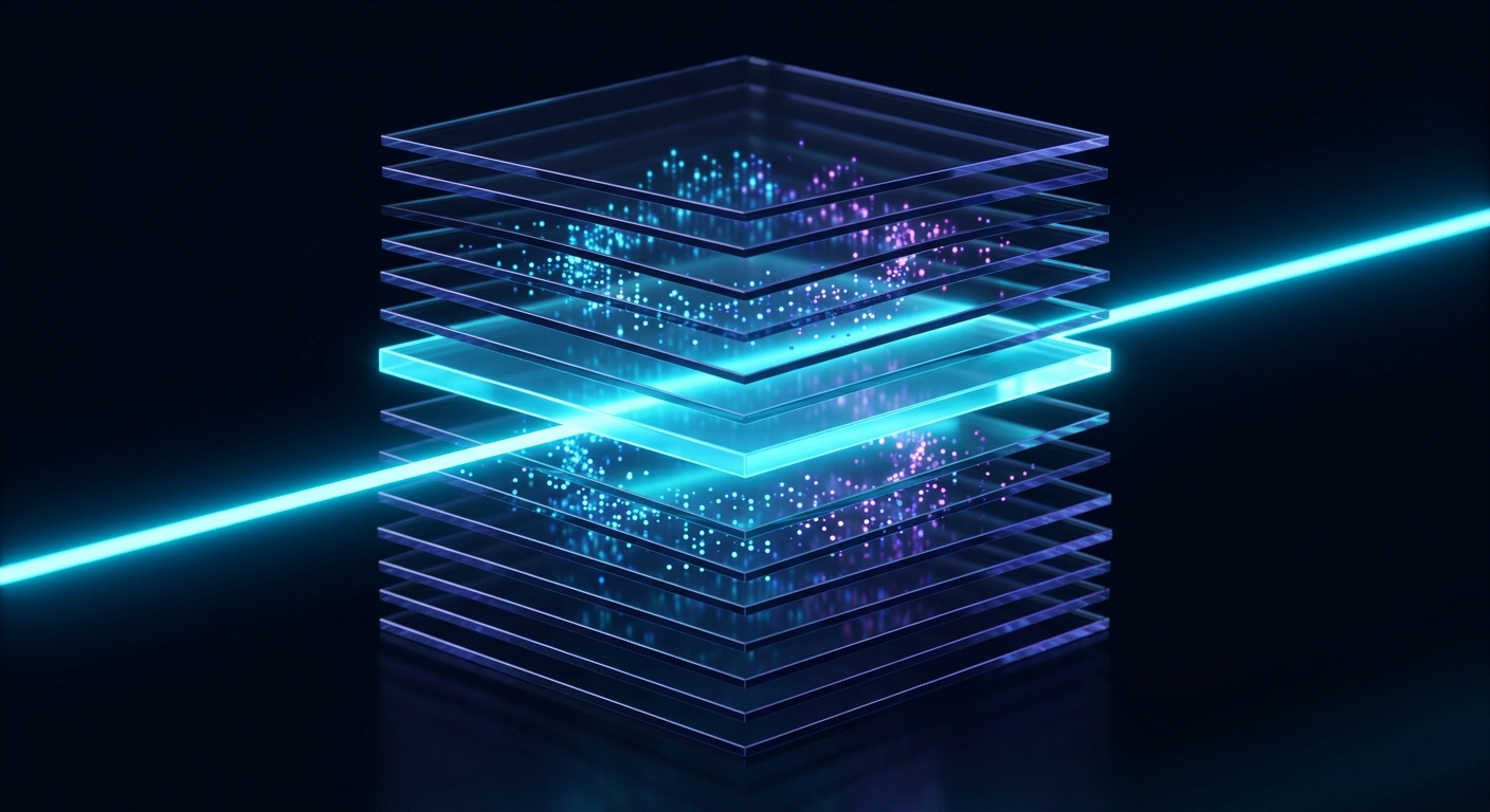 Isometric stack of thirteen translucent diagnostic layers with a cyan scanning beam passing through one highlighted layer